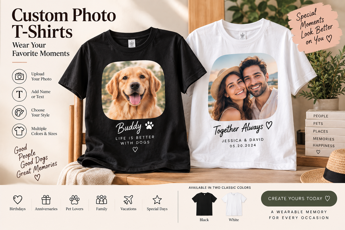 Custom Photo T-Shirt – Personalized Shirt with Your Photo & Text | Pet, Couple, Family Gift