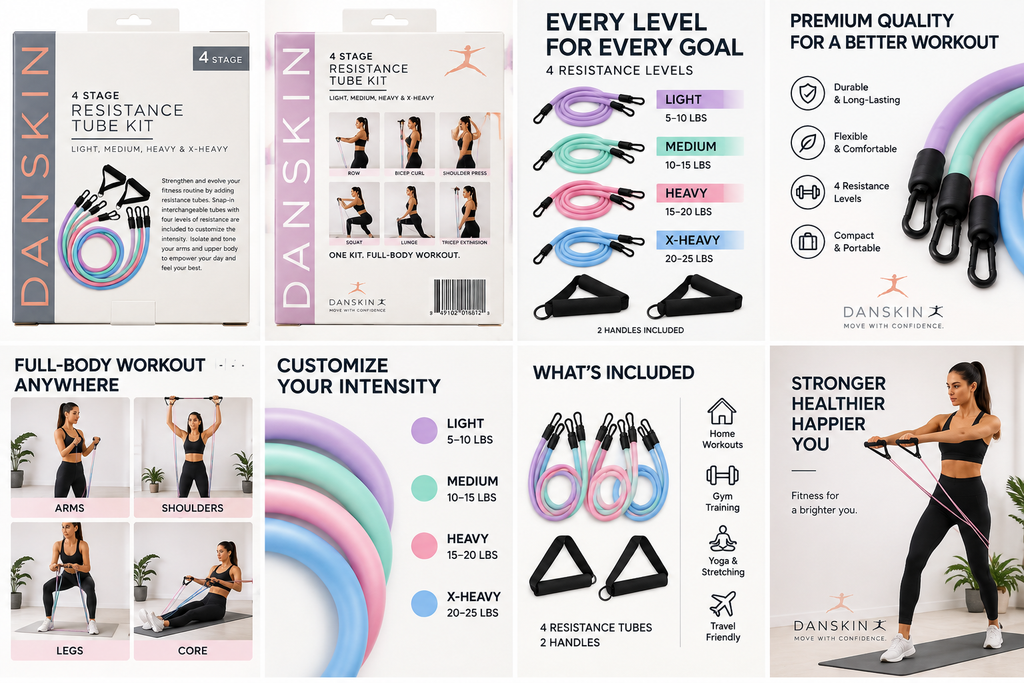 Danskin 4-Stage Resistance Tube Kit with Handles – Full Body Workout Set