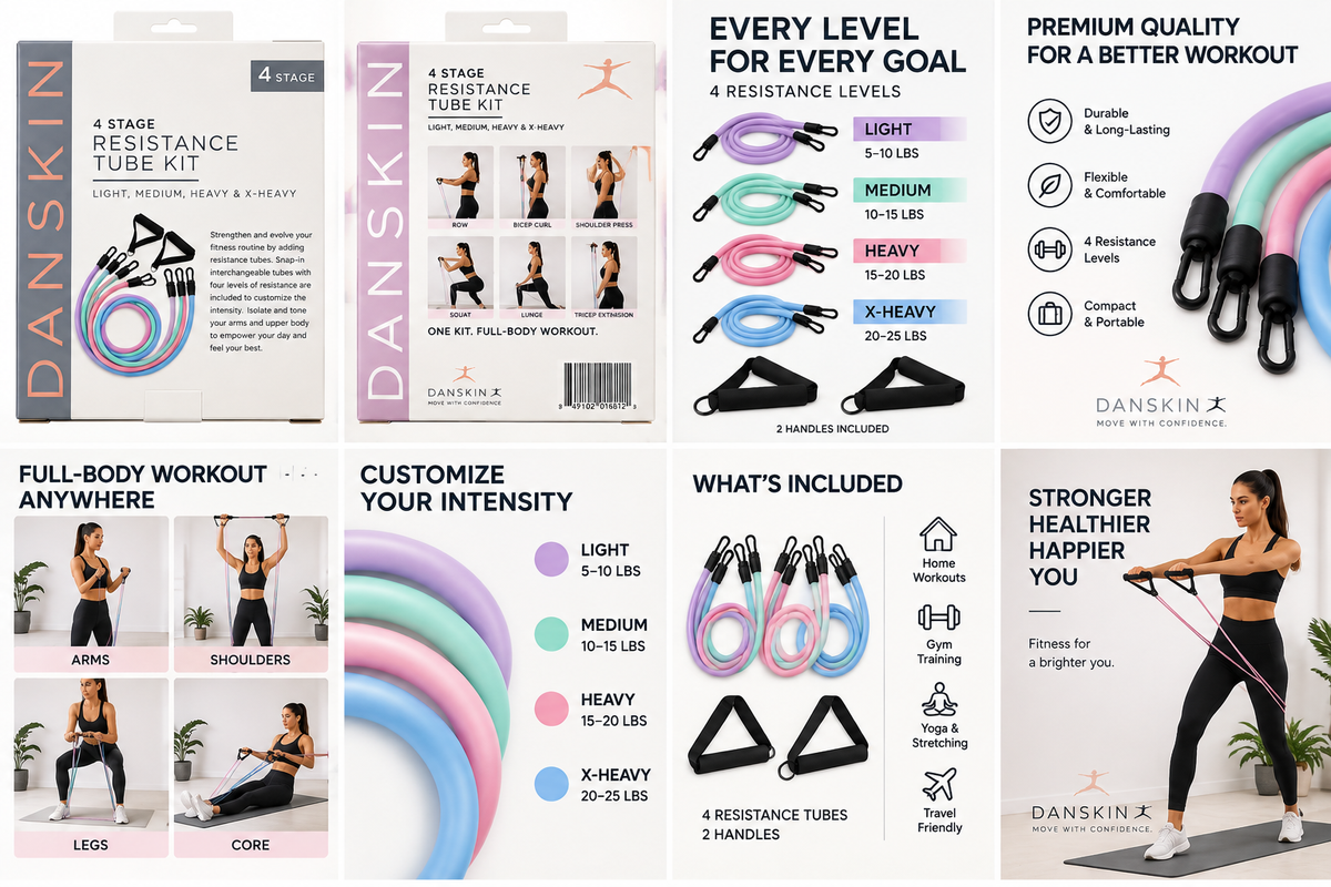 Danskin 4-Stage Resistance Tube Kit with Handles – Full Body Workout Set