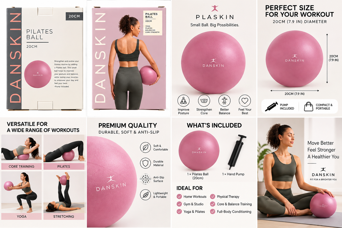 Danskin 20cm Pilates Ball with Pump – Core, Balance & Yoga Exercise Ball